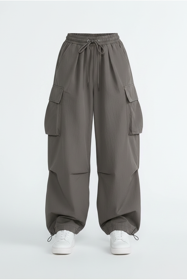 Pantalon Parachute Cargo Ample Gris Noir Streetwear - Polyester - vue 3