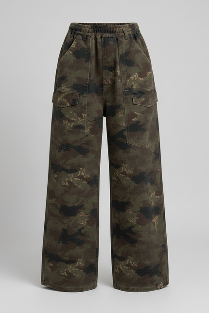 Pantalon Parachute Camouflage Ample Cargo Fille - Kaki Molleton - vue 3