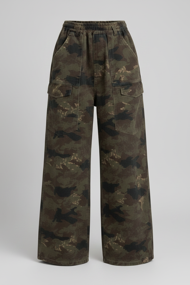 Pantalon Parachute Camouflage Ample Cargo Fille - Kaki Molleton - vue 3