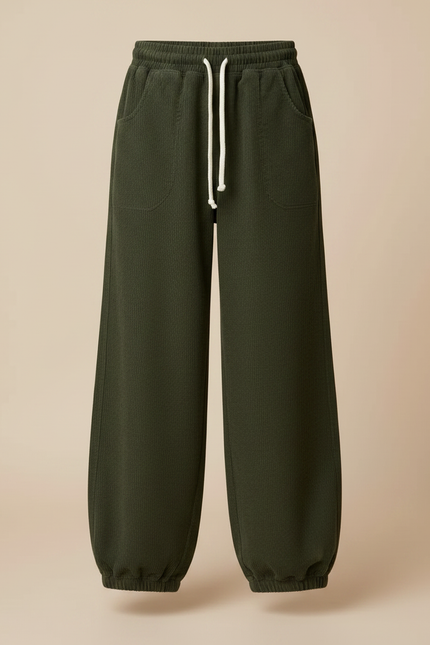 Pantalon Parachute Vert Côtelé Ample Cordon Décontracté - Cordé - vue 3