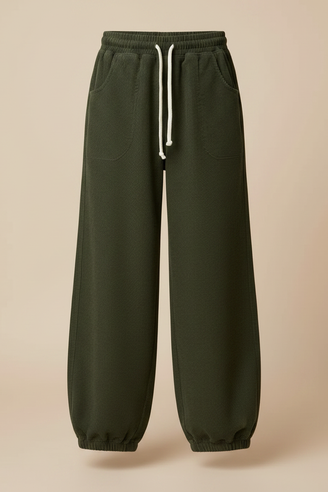 Pantalon Parachute Vert Côtelé Ample Cordon Décontracté - Cordé - vue 3