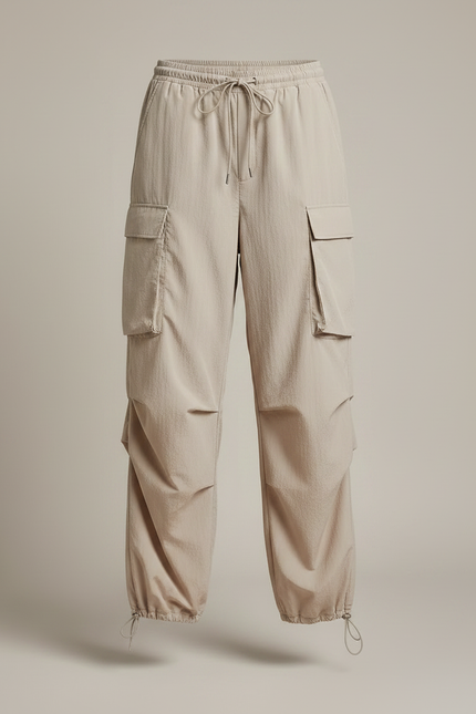 Pantalon Parachute Beige Ample Cargo Taille Haute Femme - Polyester - vue 3