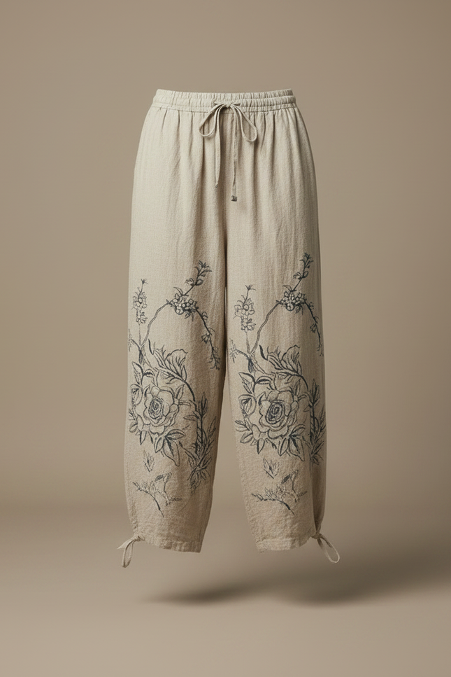 Pantalon Parachute Lin Beige Ample Imprimé Floral Décontracté - vue 3