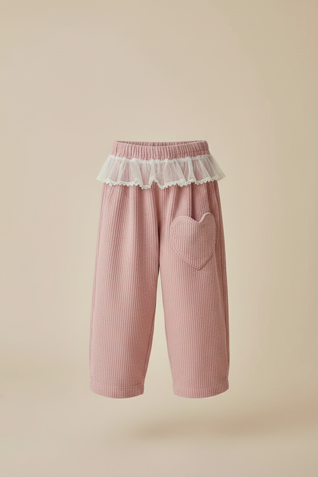 Pantalon Parachute Rose Côtelé Ample Cœur Fille - Cordé - vue 3