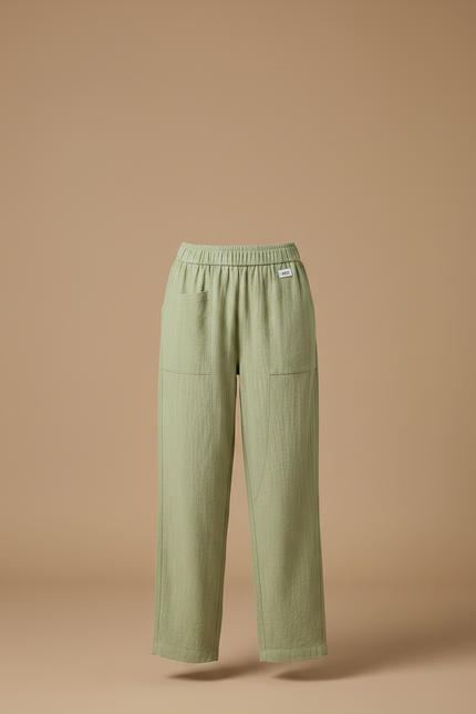 Pantalon Parachute Coton Lin Ample Droit Vert Femme - vue 3