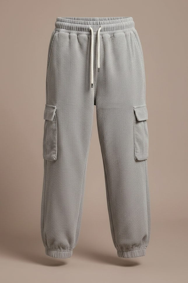 Pantalon Parachute Gris Côtelé Ample Cargo Enfant - Cordé - vue 3