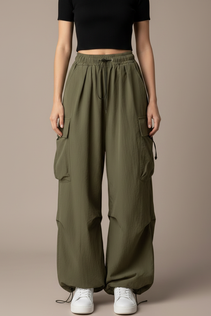 Pantalon Parachute Kaki Ample Cargo Femme Fluide - Polyester - vue 3