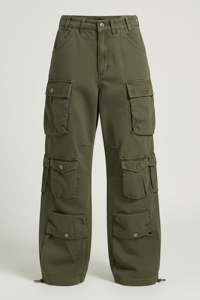 Pantalon Parachute Kaki Cargo Ample Multi-poches Femme - Toile - vue 3