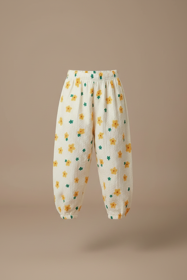 Pantalon Parachute Crème Fleuri Léger Enfant Ample - Beige Coton - vue 3