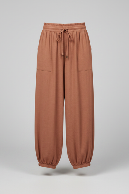 Pantalon Parachute Fluide Ample Taille Élastique Marron - Viscose - vue 3