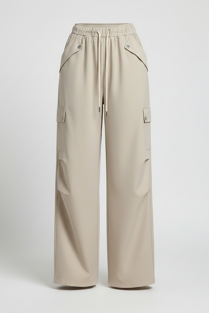 Pantalon Parachute Beige Ample Fluide Cordon Cargo - Polyester - vue 3