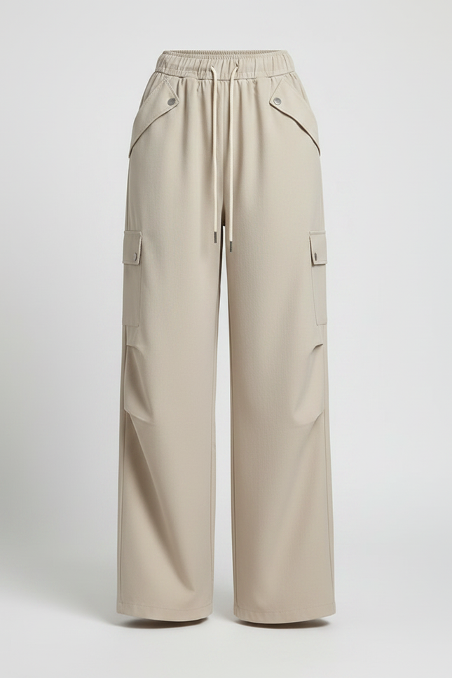 Pantalon Parachute Beige Ample Fluide Cordon Cargo - Polyester - vue 3