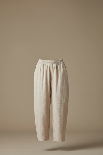 Pantalon Parachute Lin Beige Ample Taille Élastique Femme - vue 3