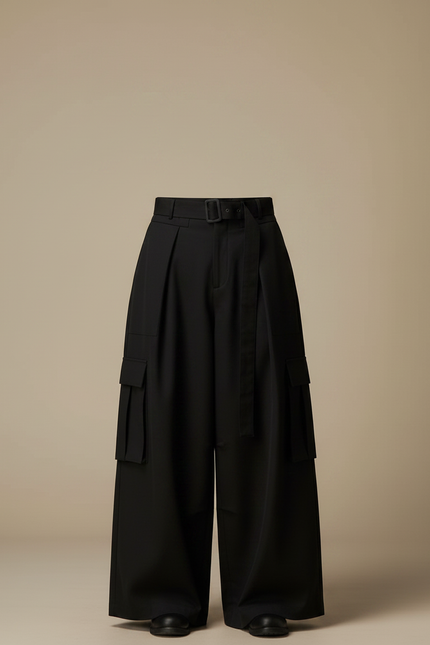 Pantalon Parachute Noir Ample Cargo Plissé Ceinturé - Polyester - vue 3