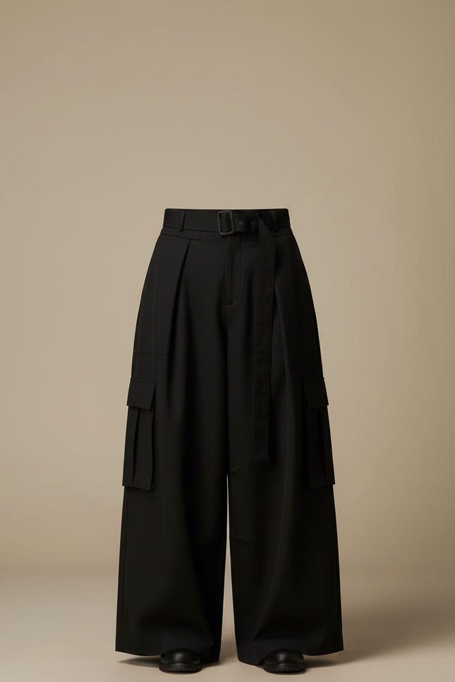 Pantalon Parachute Noir Ample Cargo Plissé Ceinturé - Polyester - vue 3