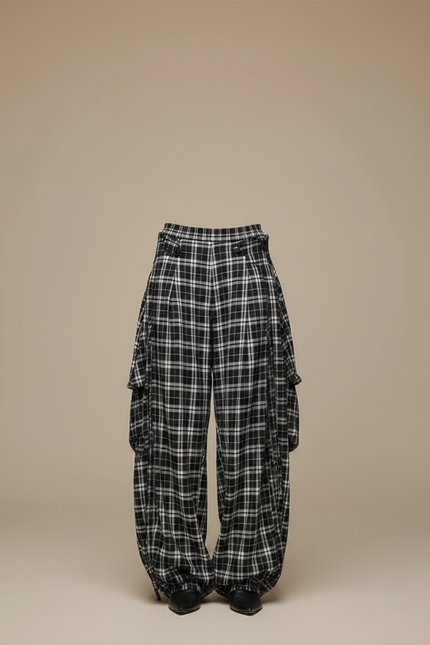 Pantalon Parachute Plaid Noir Blanc Ample Décontracté - Imprimé Laine - vue 3