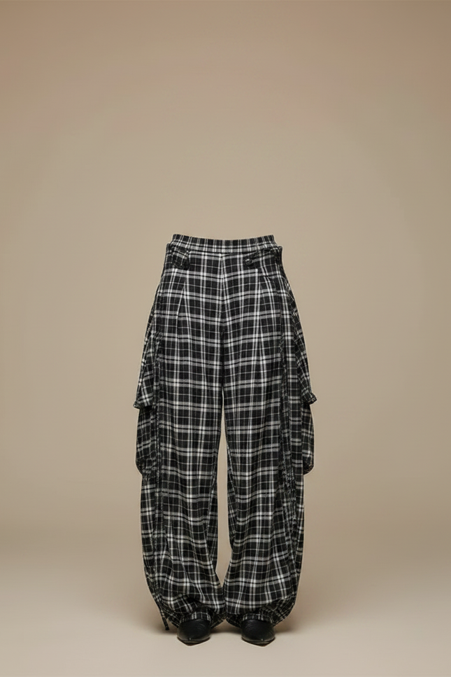 Pantalon Parachute Plaid Noir Blanc Ample Décontracté - Imprimé Laine - vue 3