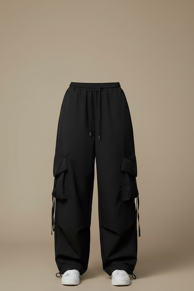 Pantalon Parachute Noir Cargo Ample Femme Y2K - Polyester - vue 3