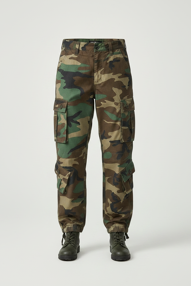 Pantalon Parachute Camouflage Cargo Ample Coton Militaire - Multicolore - vue 3