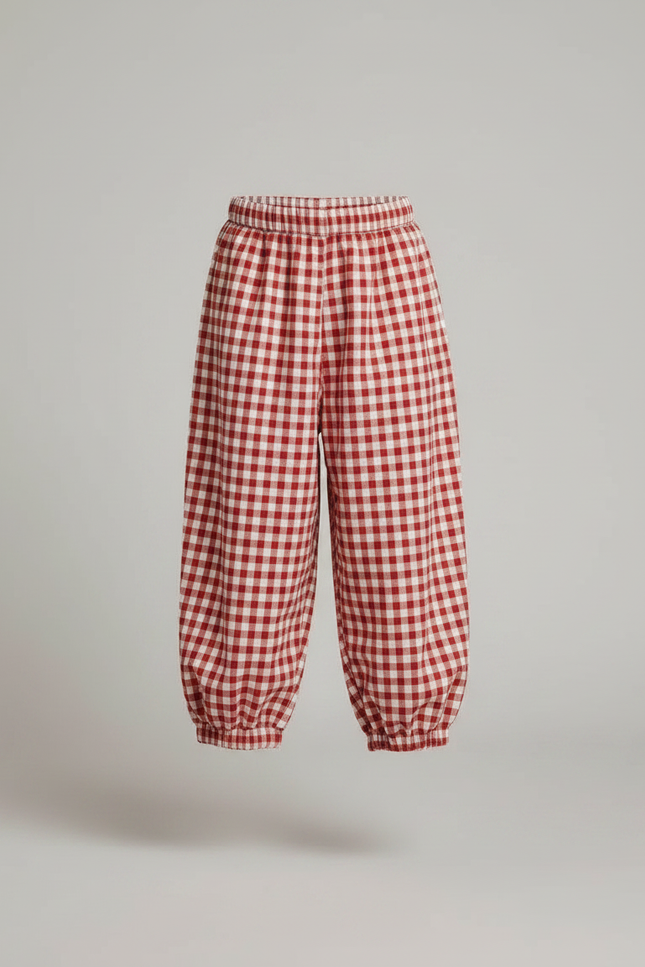 Pantalon Parachute Vichy Rouge Coton Ample Fille - vue 3