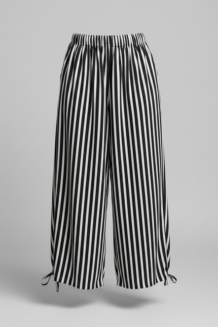 Pantalon Parachute Rayé Noir Blanc Ample - Imprimé Viscose - vue 3