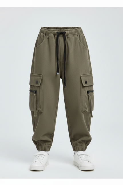 Pantalon Parachute Cargo Ample Coton Enfant Streetwear - Noir Molleton - vue 3