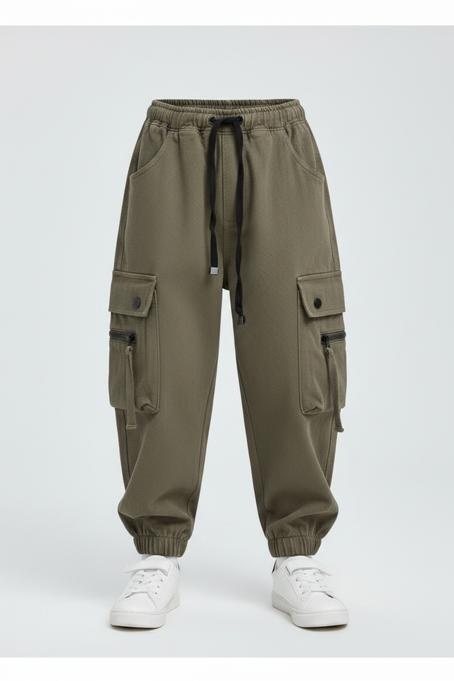 Pantalon Parachute Cargo Ample Coton Enfant Streetwear - Noir Molleton - vue 3