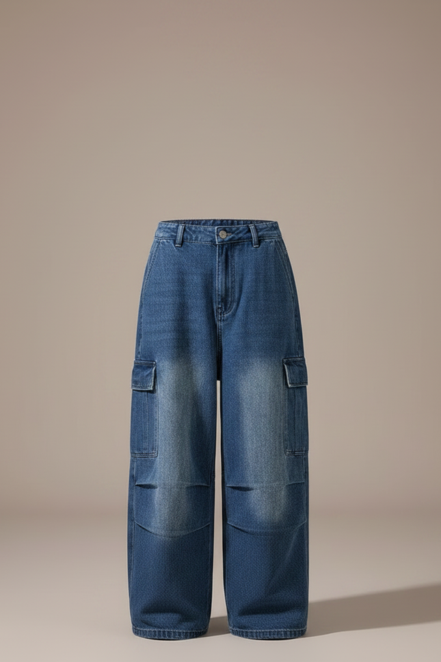 Pantalon Parachute Denim Bleu Ample Cargo Enfant - Jean - vue 3