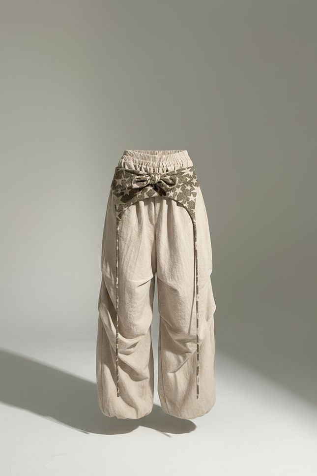 Pantalon Parachute Beige Ample Lin Décontracté Motif - vue 3