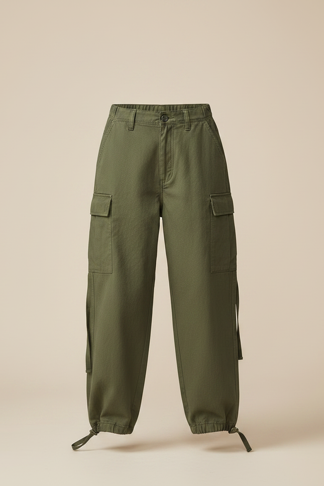 Pantalon Parachute Kaki Cargo Ample Multipoches Coton - vue 3