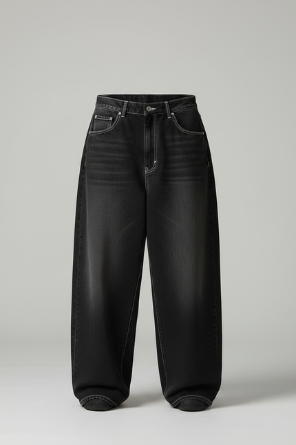 Pantalon Parachute Noir Délavé Ample Denim Femme Streetwear - Jean - vue 3
