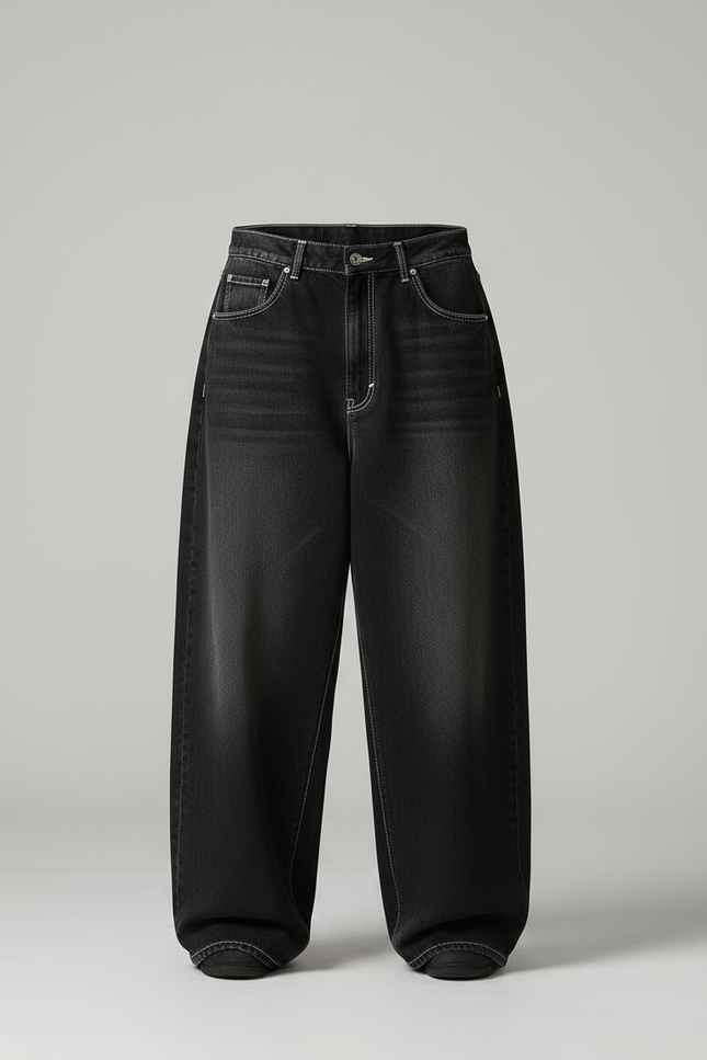 Pantalon Parachute Noir Délavé Ample Denim Femme Streetwear - Jean - vue 3