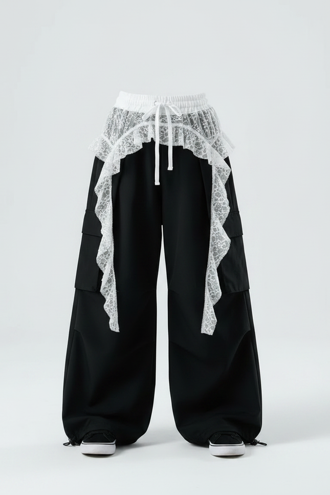 Pantalon Parachute Noir Ample Cargo Fille Dentelle - Toile - vue 3