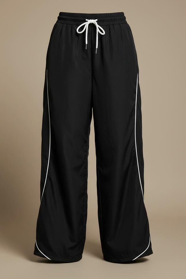 Pantalon Parachute Noir Ample Fluide Rayé Décontracté Femme - Polyester - vue 3