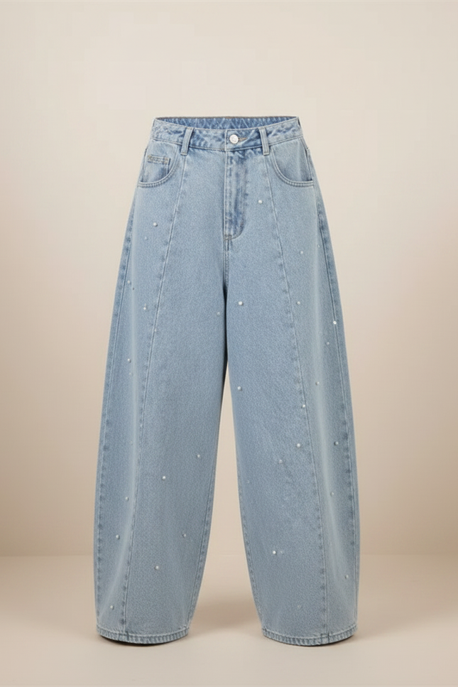 Pantalon Parachute Denim Ample Perles Garçon - Bleu Jean - vue 3