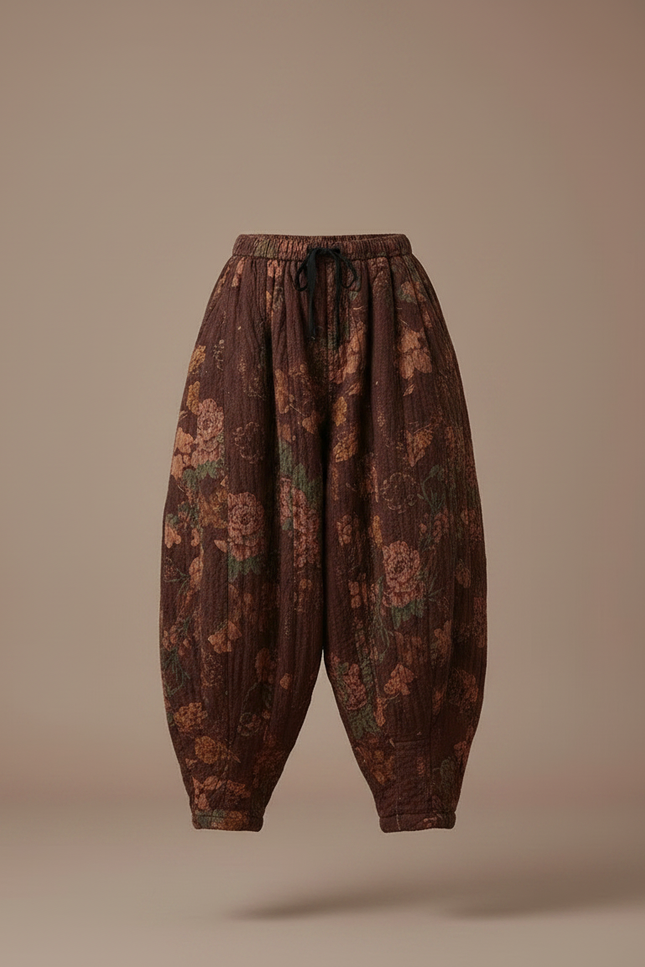 Pantalon Parachute Coton Imprimé Floral Ample Marron - vue 3