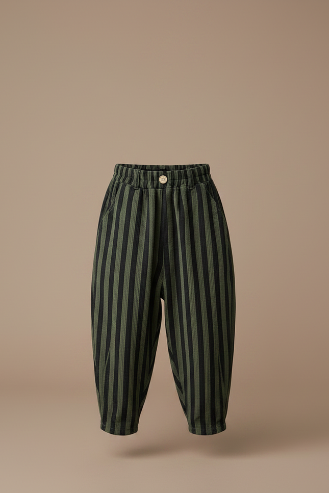 Pantalon Parachute Rayé Vert Noir Ample Enfant Décontracté - Kaki Coton - vue 3