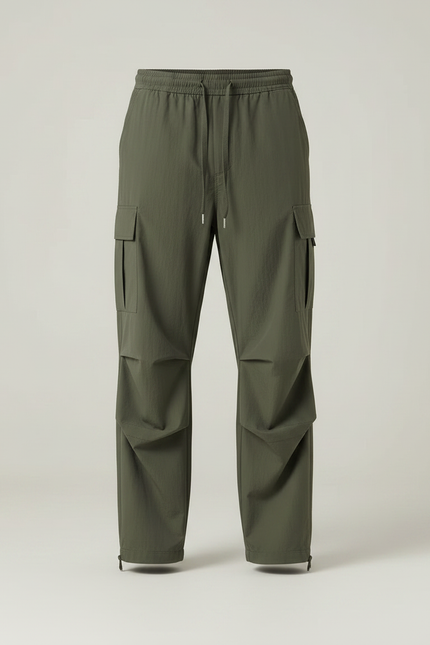 Pantalon Parachute Vert Cargo Ample Cordon Homme - Kaki Polyester - vue 3
