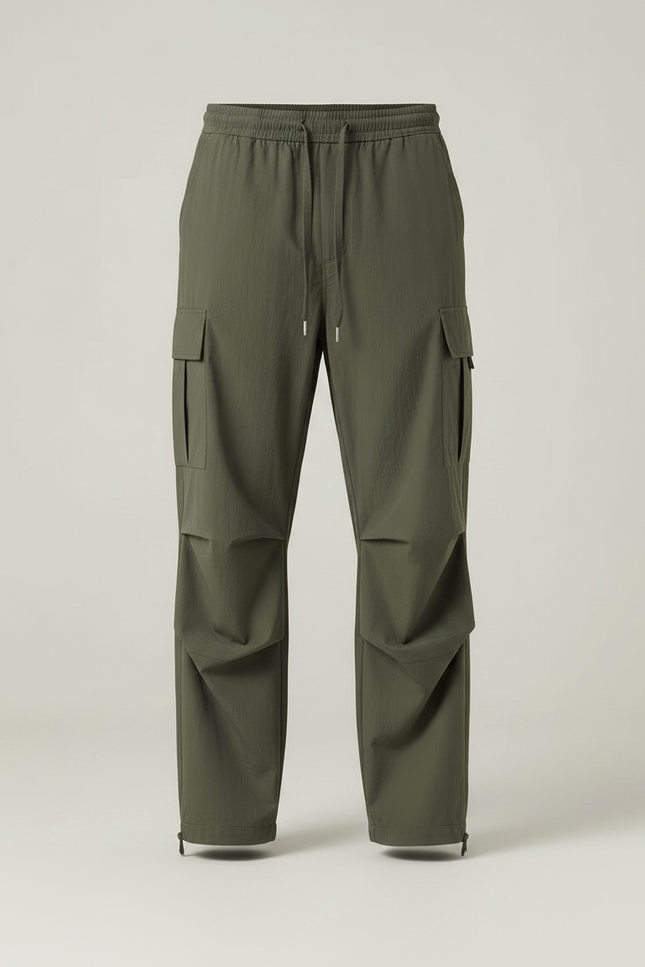 Pantalon Parachute Vert Cargo Ample Cordon Homme - Kaki Polyester - vue 3
