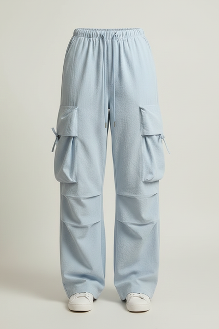 Pantalon Parachute Bleu Clair Ample Décontracté Multipoches - Polyester - vue 3
