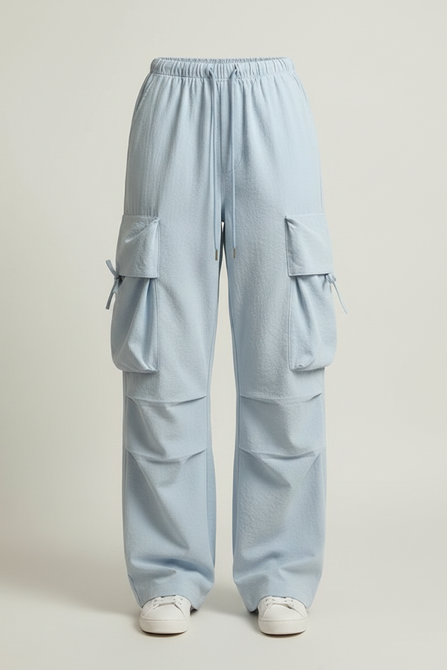 Pantalon Parachute Bleu Clair Ample Décontracté Multipoches - Polyester - vue 3