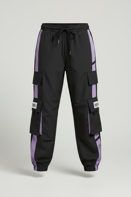 Pantalon Parachute Noir Violet Cargo Ample Femme Streetwear - Polyester - vue 3