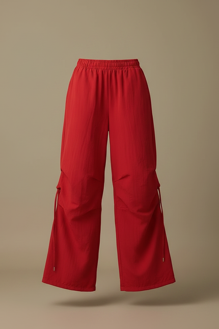 Pantalon Parachute Rouge Ample Taille Haute Streetwear - Polyester - vue 3