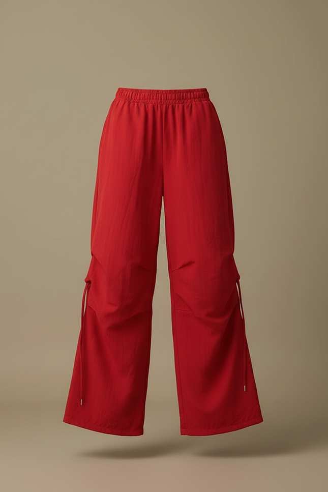 Pantalon Parachute Rouge Ample Taille Haute Streetwear - Polyester - vue 3