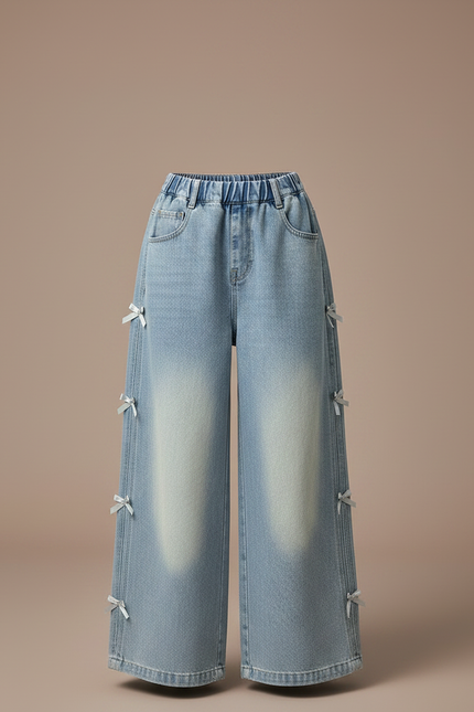 Pantalon Parachute Bleu Ample Denim Fille Nœuds Latéraux - Jean - vue 3
