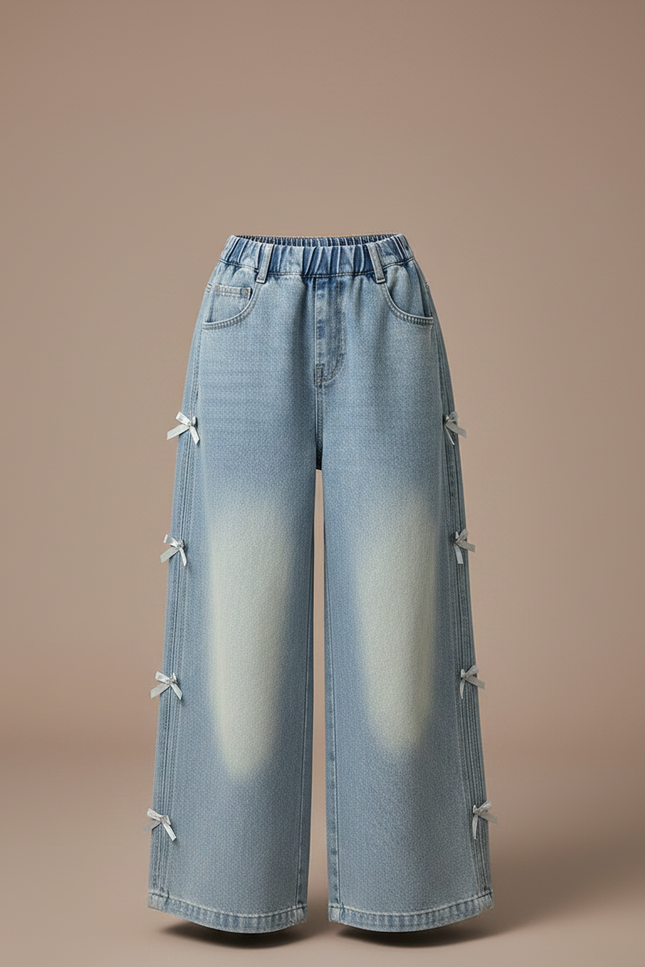 Pantalon Parachute Bleu Ample Denim Fille Nœuds Latéraux - Jean - vue 3