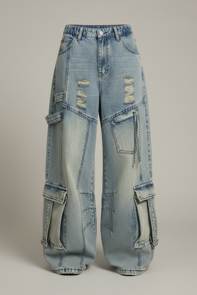 Pantalon Parachute Jean Délavé Ample Multipoches Femme - Bleu - vue 3