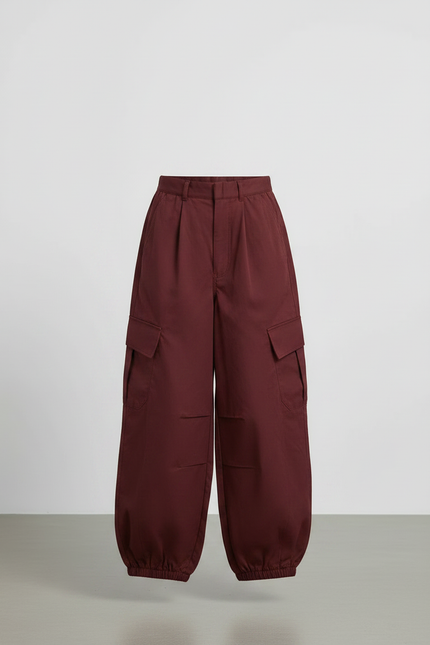 Pantalon Parachute Marron Cargo Ample Ceinturé Fille - Bordeaux Coton - vue 3