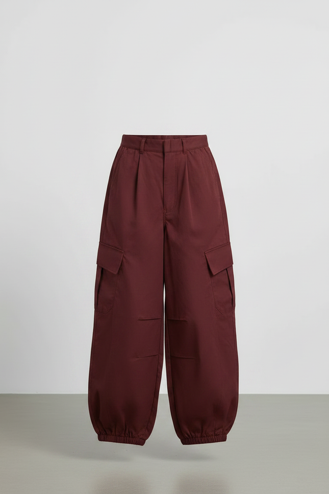 Pantalon Parachute Marron Cargo Ample Ceinturé Fille - Bordeaux Coton - vue 3