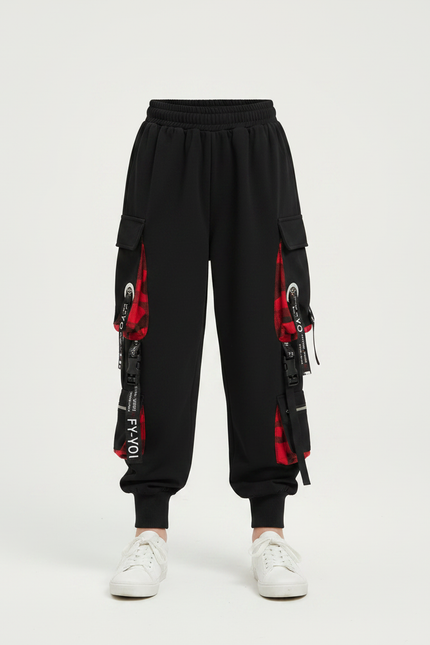 Pantalon Parachute Noir Carreaux Rouges Cargo Ample - Molleton - vue 3